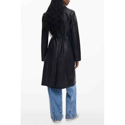 Desigual Black Polyethylene Women Coat with waist belt, showcasing elegant back view, contrasting accents, and casual style.
