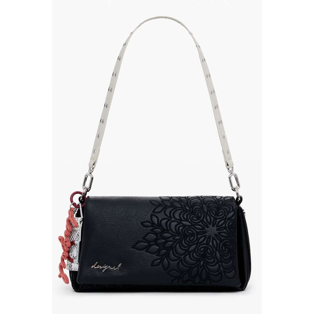 Desigual Black Polyethylene Women Handbag with floral embroidery, featuring adjustable strap and removable shoulder handle for versatile use.