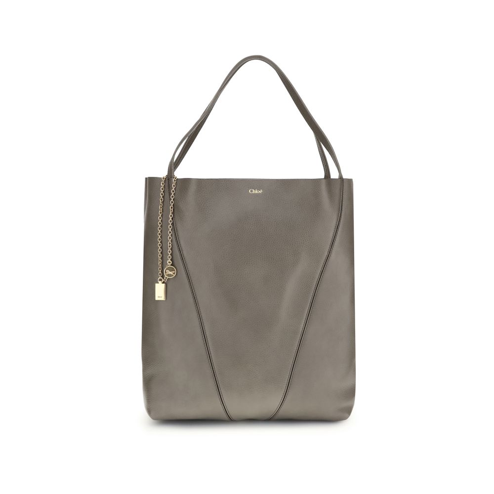 Chloé Gray Calf Leather Bos Taurus Shoulder Bag with minimalist design and hanging chain detail