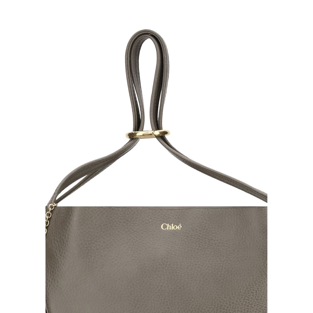 Chloé Gray Calf Leather Bos Taurus Shoulder Bag with handles and chain detail, featuring a minimalist design and Chloé logo.
