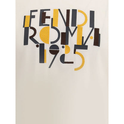 Fendi White Cotton T-Shirt with distinctive logo print shown on soft cotton fabric, ribbed crew neck, and bold character design, AW25 collection.