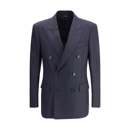 Tom Ford Blue Wool Blazer with pinstripes, double-breasted design, peaked lapels, two welt flap pockets, AW25, 100% wool.