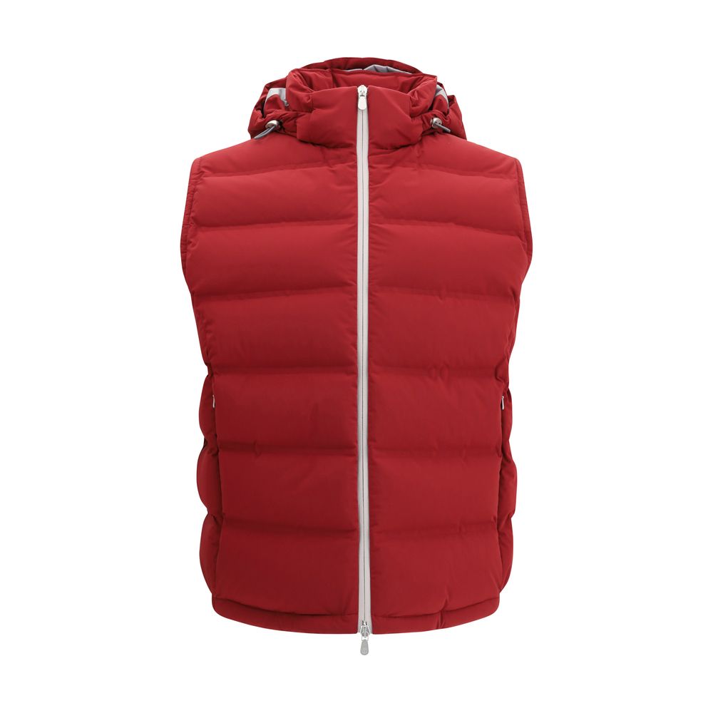 Brunello Cucinelli Red Polyester Jackets And Coat with adjustable hood and double-slider zipper for modern style and functionality.