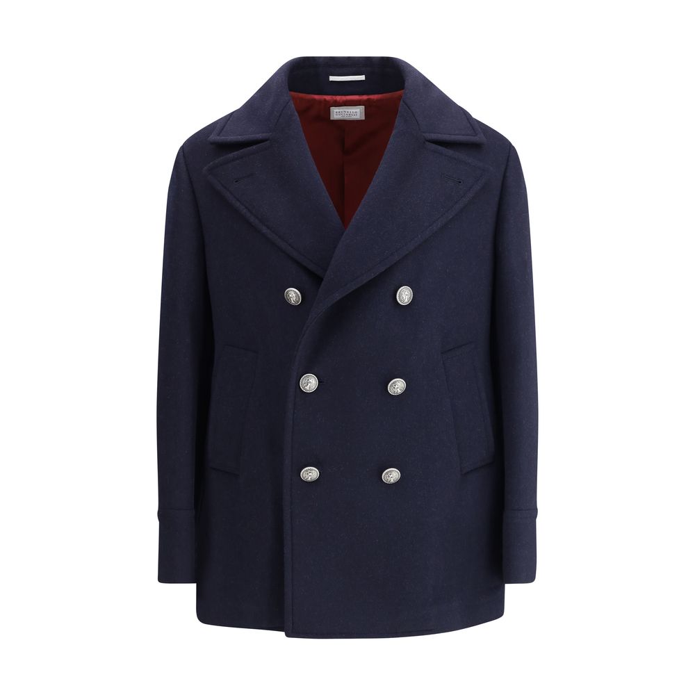Brunello Cucinelli Blue Wool Coat with metal button closure and classic lapel collar for AW25 season.