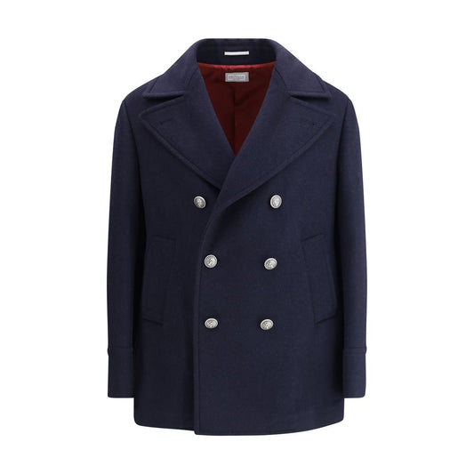 Brunello Cucinelli Blue Wool Coat with metal button closure and classic lapel collar for AW25 season.