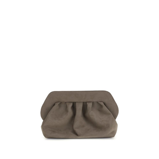 THEMOIRè Brown Other Fibres Clutch Bag made of soft suede with a removable shoulder strap and magnetic closure, elegant design.