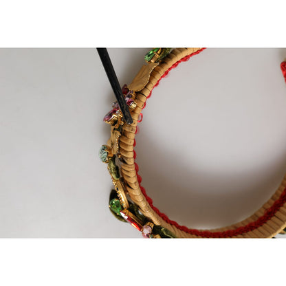 Dolce & Gabbana Multicolor Crystal Floral Gold Green Velvet Crown Headband