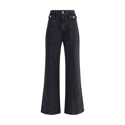 7FOR Black Cotton Jeans Denim featuring wide leg, high waist, front seam detail, and gold-trimmed flap pockets for stylish comfort.