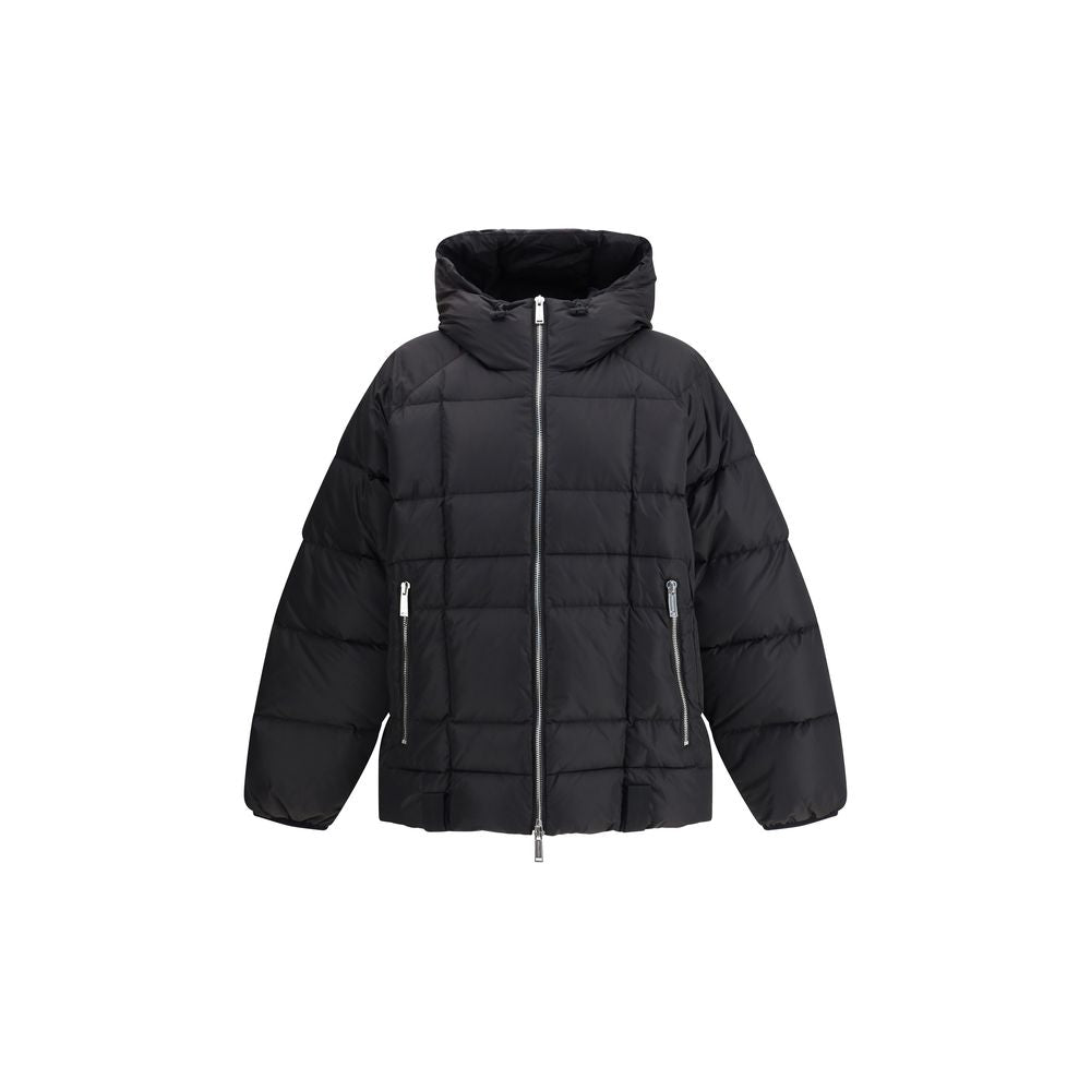 Dsquared² Black Polyamide Coat with hood, quilted design, zippered pockets, and drawstring, ideal for winter protection and style.