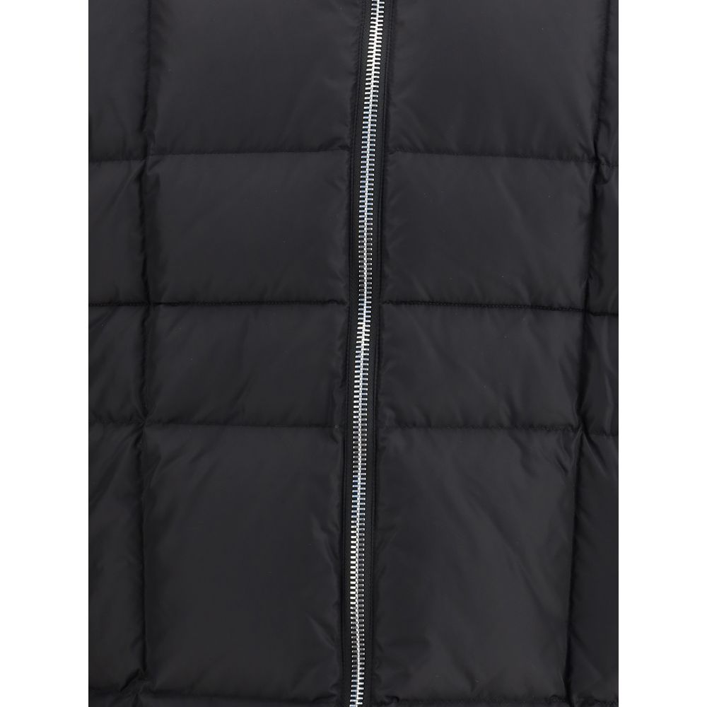 Close-up of Dsquared² Black Polyamide Coat with quilted padded design and zipper detail.