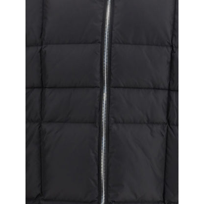 Close-up of Dsquared² Black Polyamide Coat with quilted padded design and zipper detail.