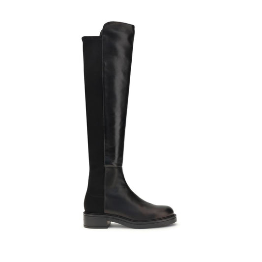 Stuart Weitzman Black Leather Over The Knee boots with block heel and elastic back for a snug fit, elegant and versatile design.