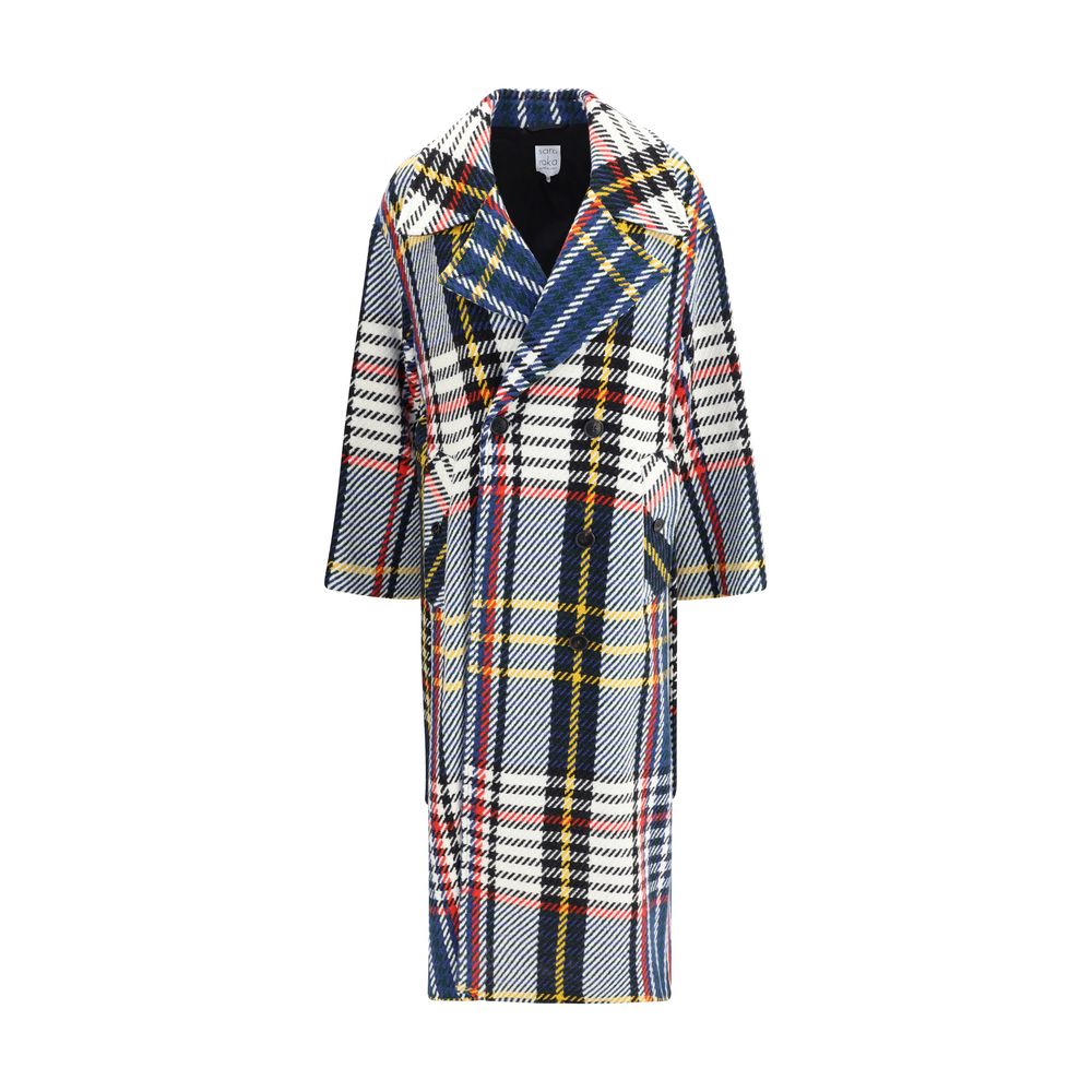 Sara Roka Multicolor Wool Coat with check pattern, featuring wide lapels, double-breasted closure, and waist sash for elegant definition.