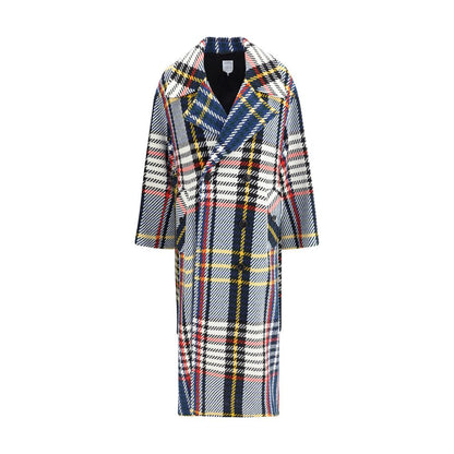 Sara Roka Multicolor Wool Coat with check pattern, featuring wide lapels, double-breasted closure, and waist sash for elegant definition.