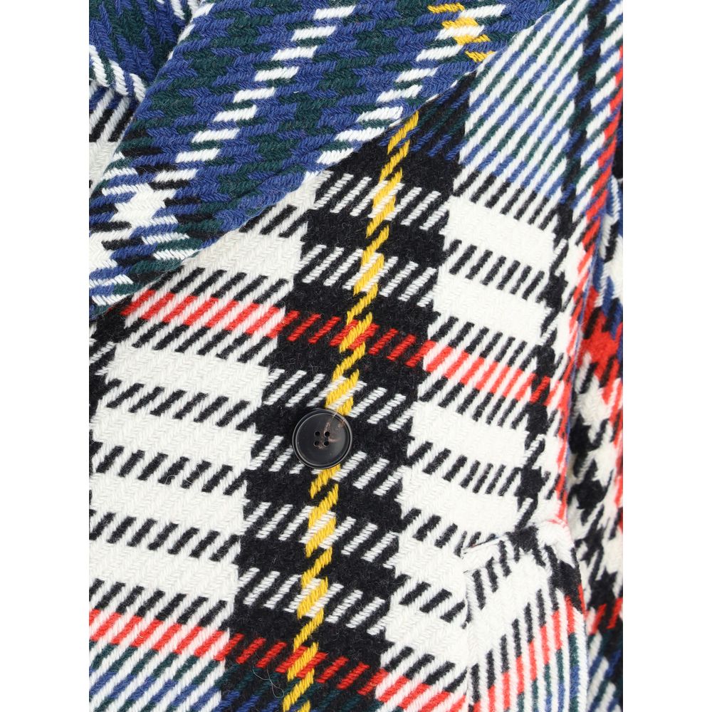 Close-up of Sara Roka Multicolor Wool Coat with check pattern, featuring wide lapels and a button from AW25 collection.