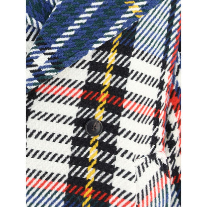 Close-up of Sara Roka Multicolor Wool Coat with check pattern, featuring wide lapels and a button from AW25 collection.