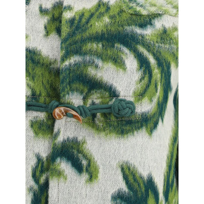 Close-up of the Etro Green Wool Coat featuring a patterned design and toggle closure, showcasing traditional and contemporary style.