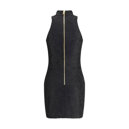Balmain Black Viscose Cocktail Dress with American collar, gold buttons, baroque pattern, and back zipper closure, AW25 collection.