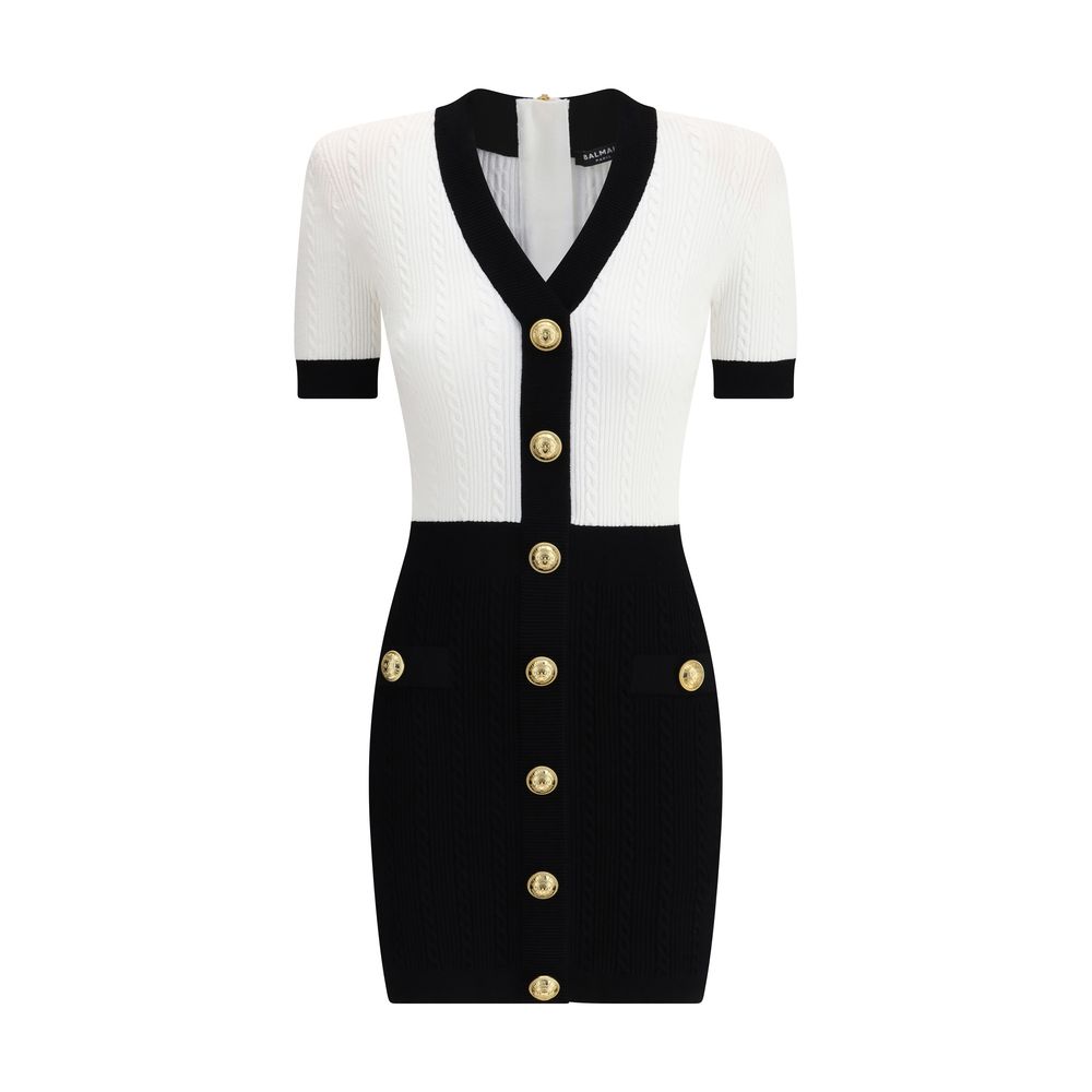 Balmain Multicolor Viscose Casual Dress with braided pattern, V-neckline, short sleeves, embossed buttons, and back zipper.