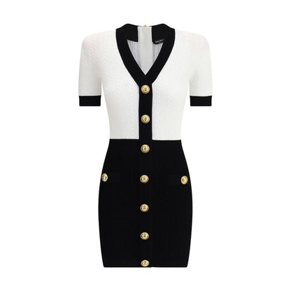 Balmain Multicolor Viscose Casual Dress with braided pattern, V-neckline, short sleeves, embossed buttons, and back zipper.