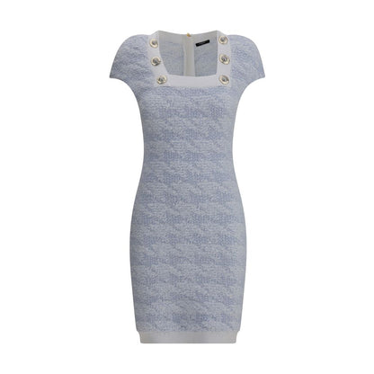 Balmain Light Blue Polyamide Casual Dress with ribbed neckline, button details, and back zipper for a stylish, elegant look. AW25 season slim fit.