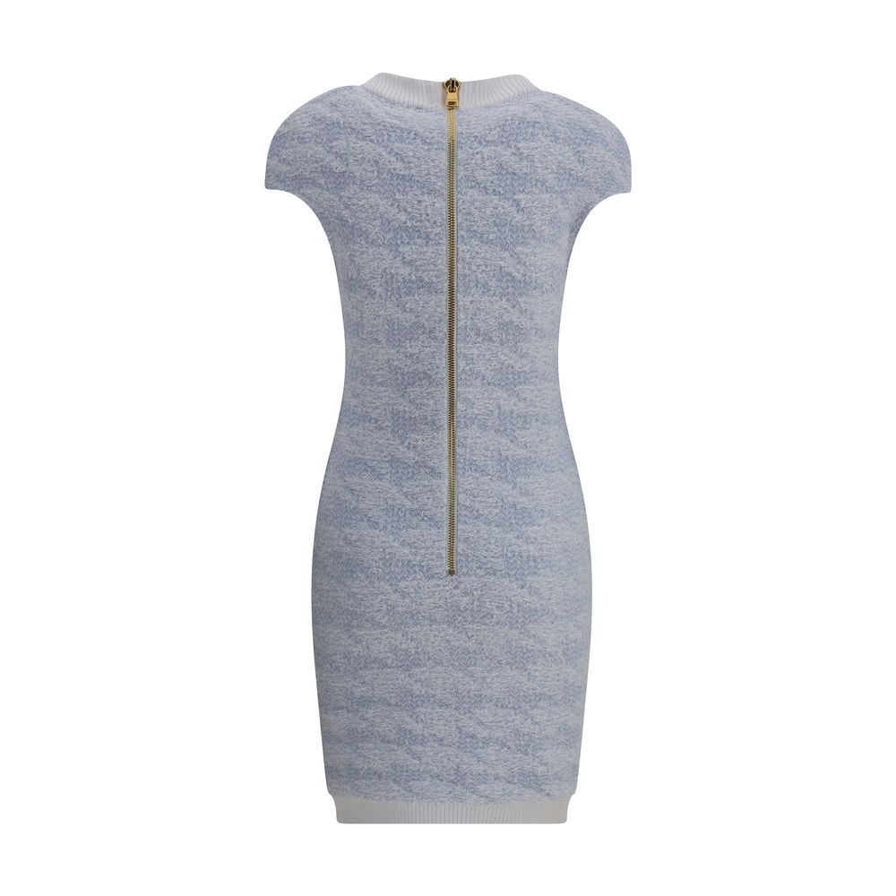 Back view of Balmain Light Blue Polyamide Casual Dress with zipper closure and ribbed texture, perfect for any occasion.