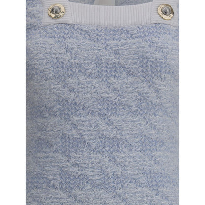 Balmain Light Blue Polyamide Casual Dress with embossed button details on ribbed neckline, showcasing style and elegance in close-up view.