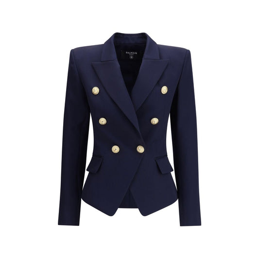 Balmain Blue Fleece Wool Blazer with gold buttons and peak lapels, structured design for AW25 season.