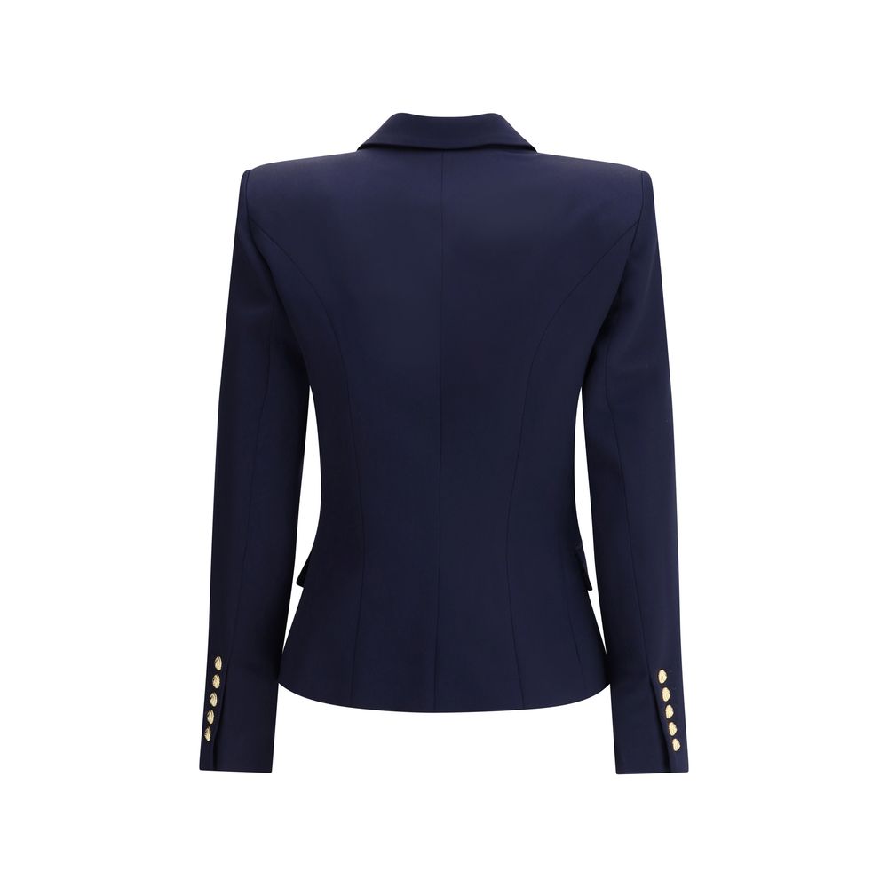 Back view of Balmain Blue Fleece Wool Blazer with structured shoulders and gold button details.