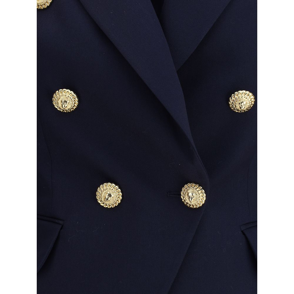 Balmain Blue Fleece Wool Blazer with gold embossed buttons and peak lapels, AW25, regular fit, elegant structured design.