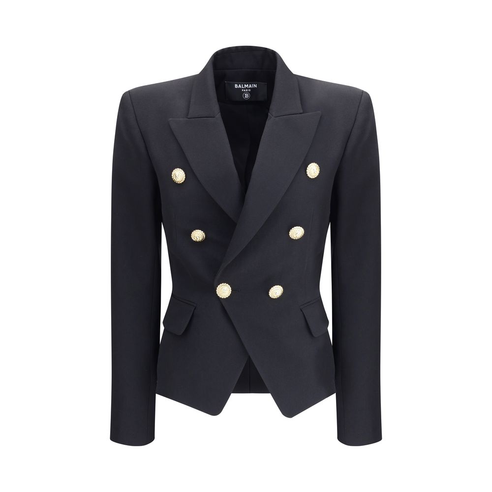 Balmain Black Wool Blazer with double-breasted design, embossed buttons, wide peaked lapels, and welt flap pockets, AW25