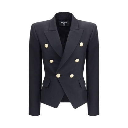 Balmain Black Wool Blazer with double-breasted design, embossed buttons, wide peaked lapels, and welt flap pockets, AW25
