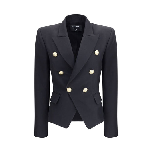 Front view of Balmain Black Wool Blazer with embossed buttons and peaked lapels