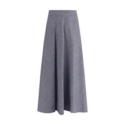 Sara Roka Blue Cotton Midi Skirt with flared silhouette and denim-effect fabric, featuring side zipper and front welt pockets.