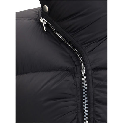 Close-up of Rick Owens Black Polyamide Jackets And Coat with high collar and zipper, showcasing its quilted design and urban style.