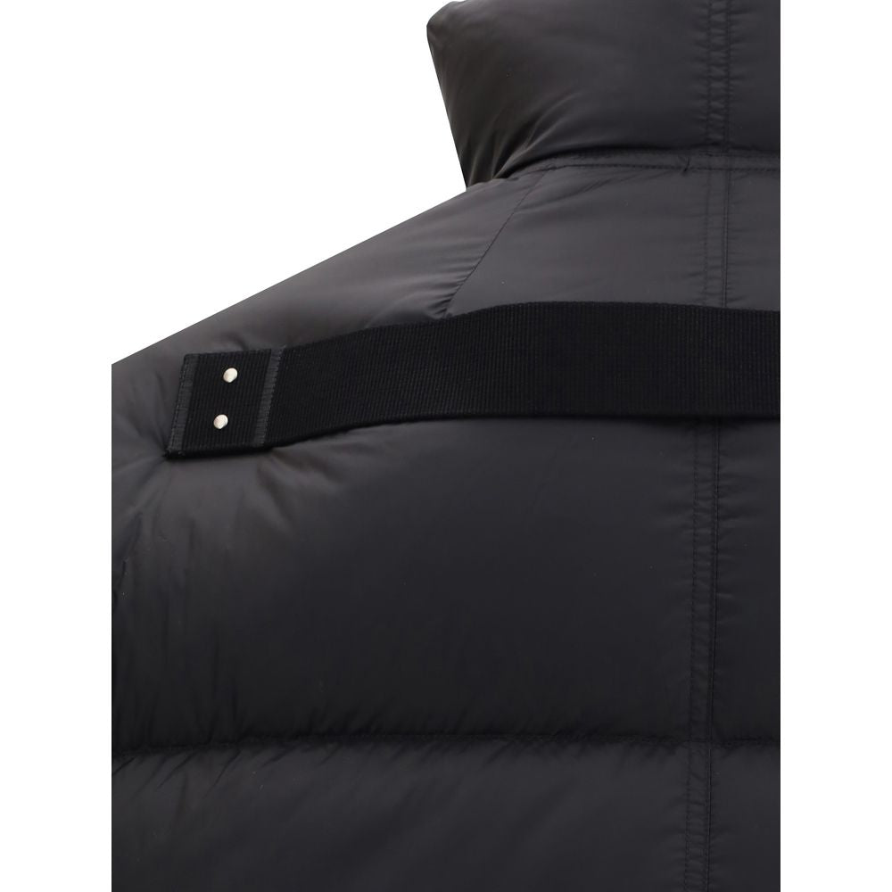 Rick Owens Black Polyamide Jackets And Coat with a padded quilted design featuring a high collar and ribbed details.