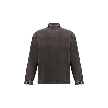 Back view of 7FOR Black Cotton Denim Jacket with classic collar and button cuffs, showcasing its casual style and versatile design.