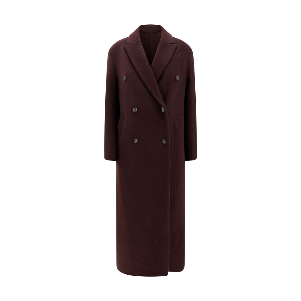 Brunello Cucinelli Bordeaux Cashmere Coat with peaked lapel and double-breasted button closure showcasing luxury and elegance.