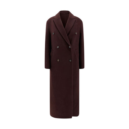 Brunello Cucinelli Bordeaux Cashmere Coat with peaked lapel and double-breasted button closure showcasing luxury and elegance.
