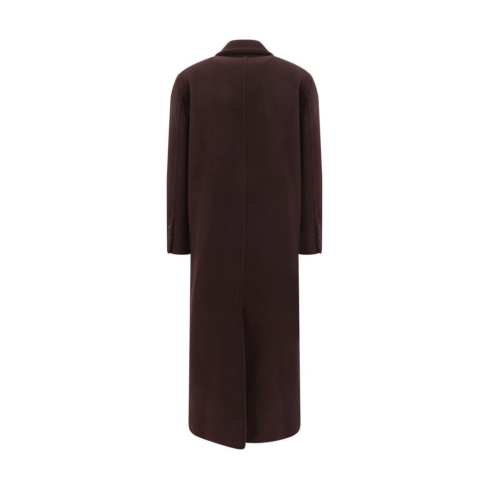 Back view of Brunello Cucinelli Bordeaux Cashmere Coat with peaked lapel and back slit for refined elegance and movement flexibility.