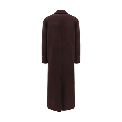 Back view of Brunello Cucinelli Bordeaux Cashmere Coat with peaked lapel and back slit for refined elegance and movement flexibility.