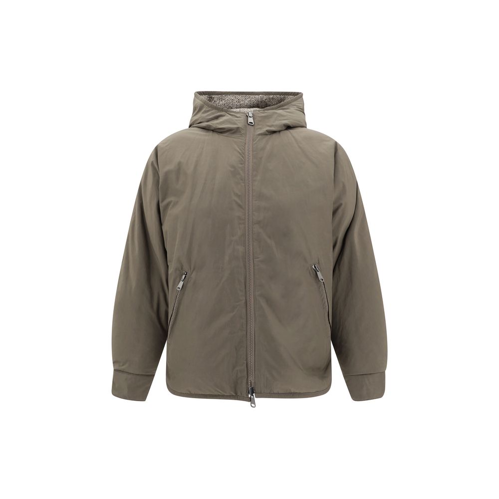 Brunello Cucinelli Brown Fleece Wool Coat featuring reversible design, hood, and practical side welt pockets for sophisticated style.