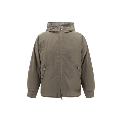 Brunello Cucinelli Brown Fleece Wool Coat featuring reversible design, hood, and practical side welt pockets for sophisticated style.