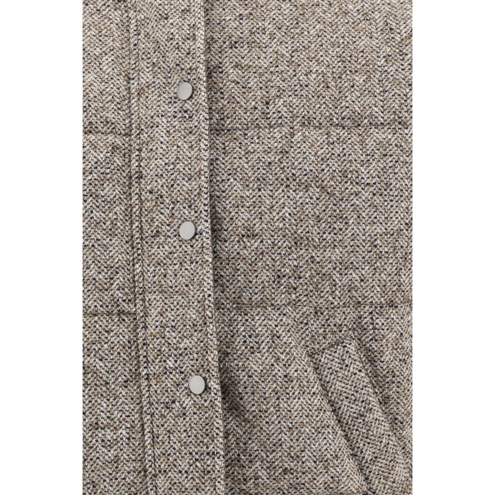 Close-up of Brunello Cucinelli Brown Fleece Wool Coat showing textured fabric and button details.