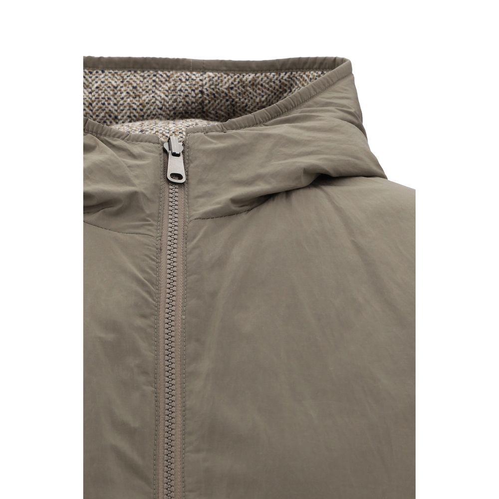 Brunello Cucinelli Brown Fleece Wool Coat with hood and zipper detail, showcasing reversible fabric and practical design.