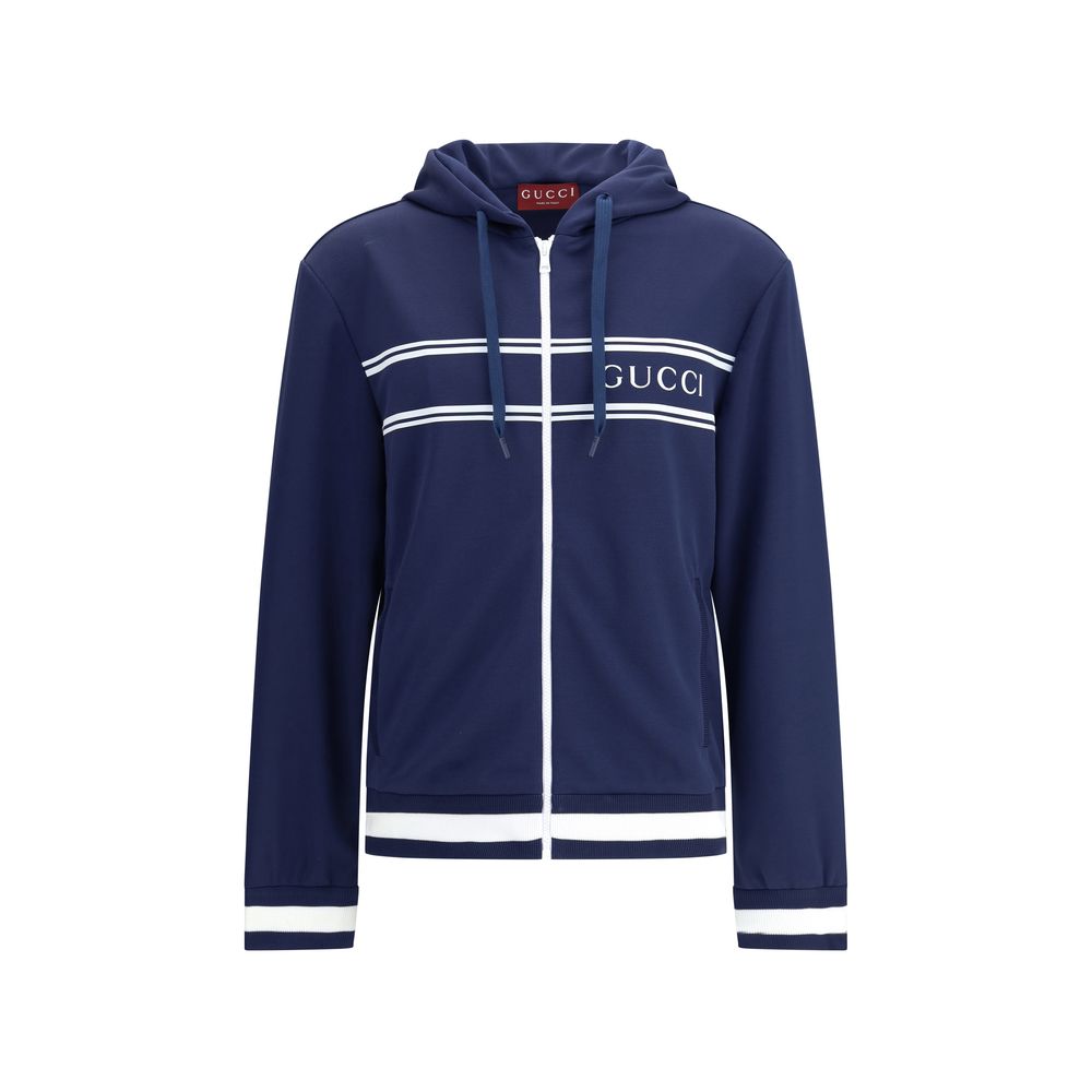 Gucci Blue Polyester Sweatshirt with hood, stripes, and logo, perfect for a sporty look in AW25. Features drawstring hood and pockets.