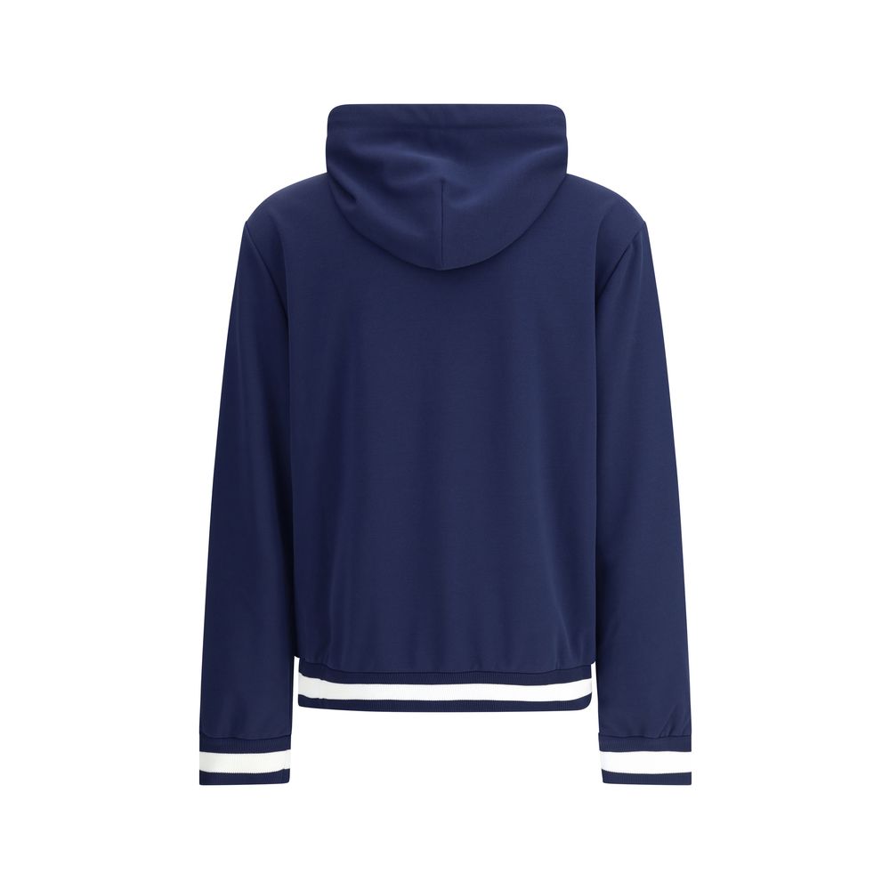 Back view of Gucci Blue Polyester Sweatshirt featuring hood, striped ribbed trim, and long sleeves for a sporty style.