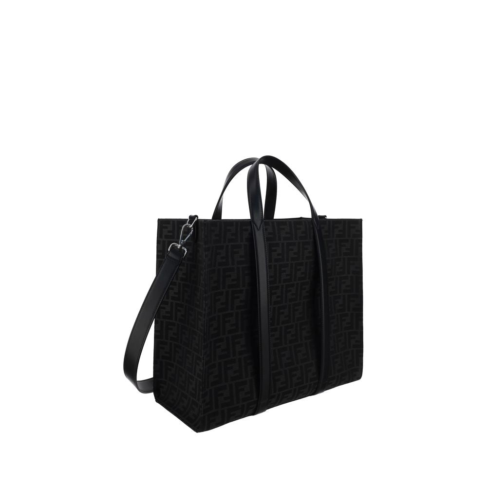 Fendi Black Polyester Shoulder Bag with FF print, rigid handles, adjustable strap, measuring 40x40x19, perfect for the AW25 season.