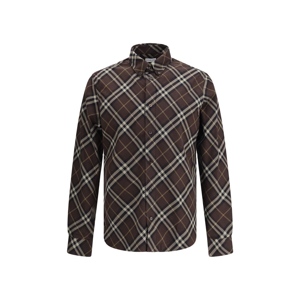 Burberry Brown Cotton Pattern Shirt with check design, long sleeves, button-down collar, and curved hem for AW25 collection.