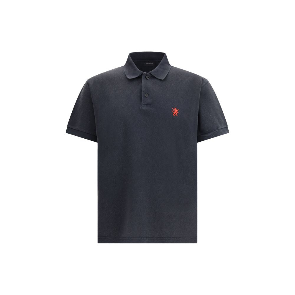 Balenciaga Black Cotton Polo Shirt with embroidered logo, classic collar, two-button closure, short sleeves, made in Portugal.